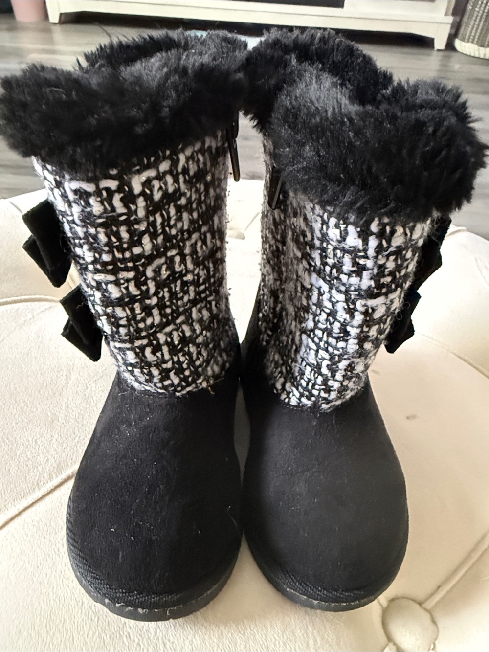 okie dokie Black and White Tweed Faux-Fur Winter Boots